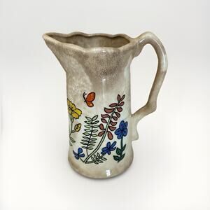 Vintage 70s Cream Pitcher Syrup Pitcher Colorful Flowers Bees Ceramic 5"